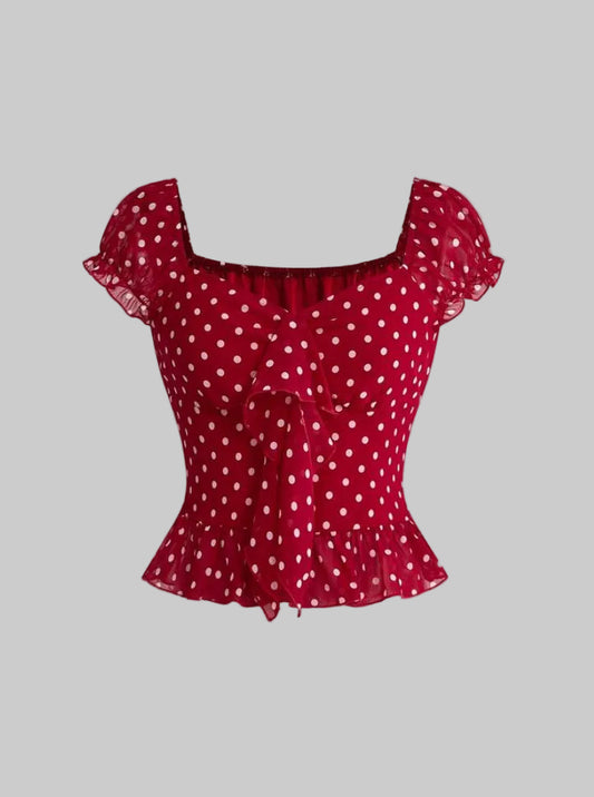 polka dot ruffle red top
