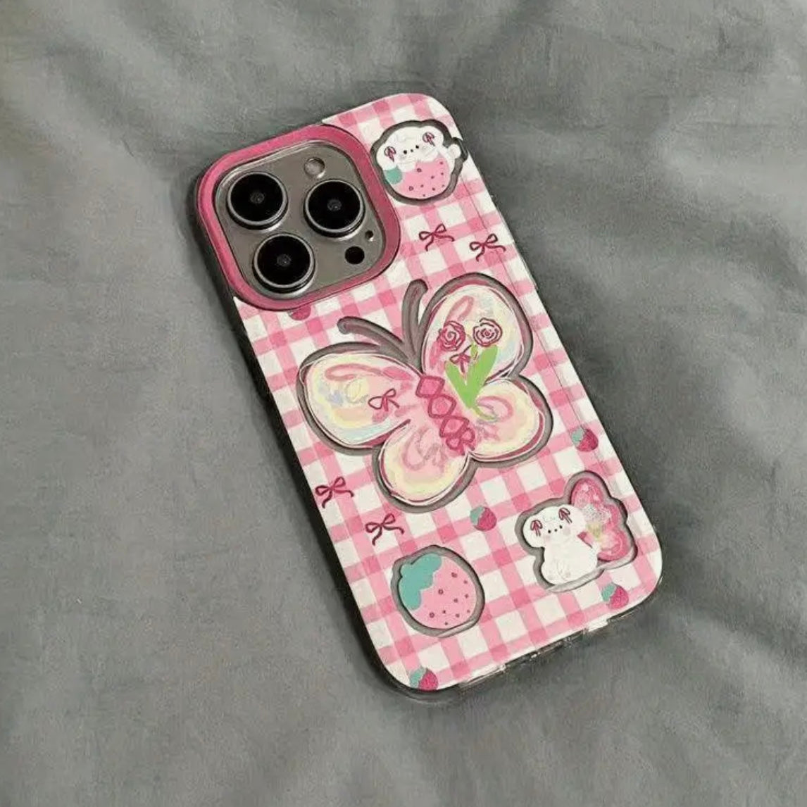 pink plaid butterfly phone case