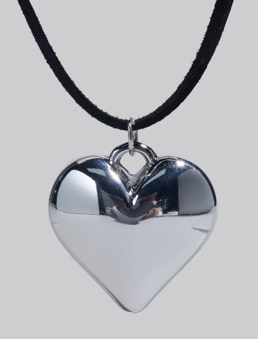 silver heart black cord choker