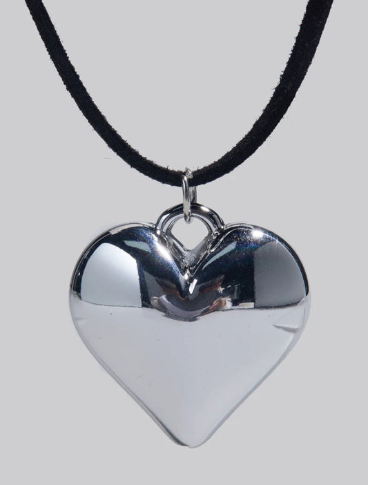 silver heart black cord choker