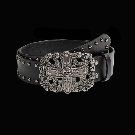 gothic cross and skull riveted leather belt