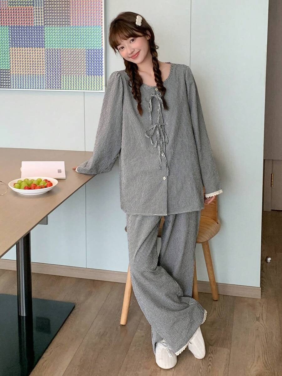 grey plaid pj set
