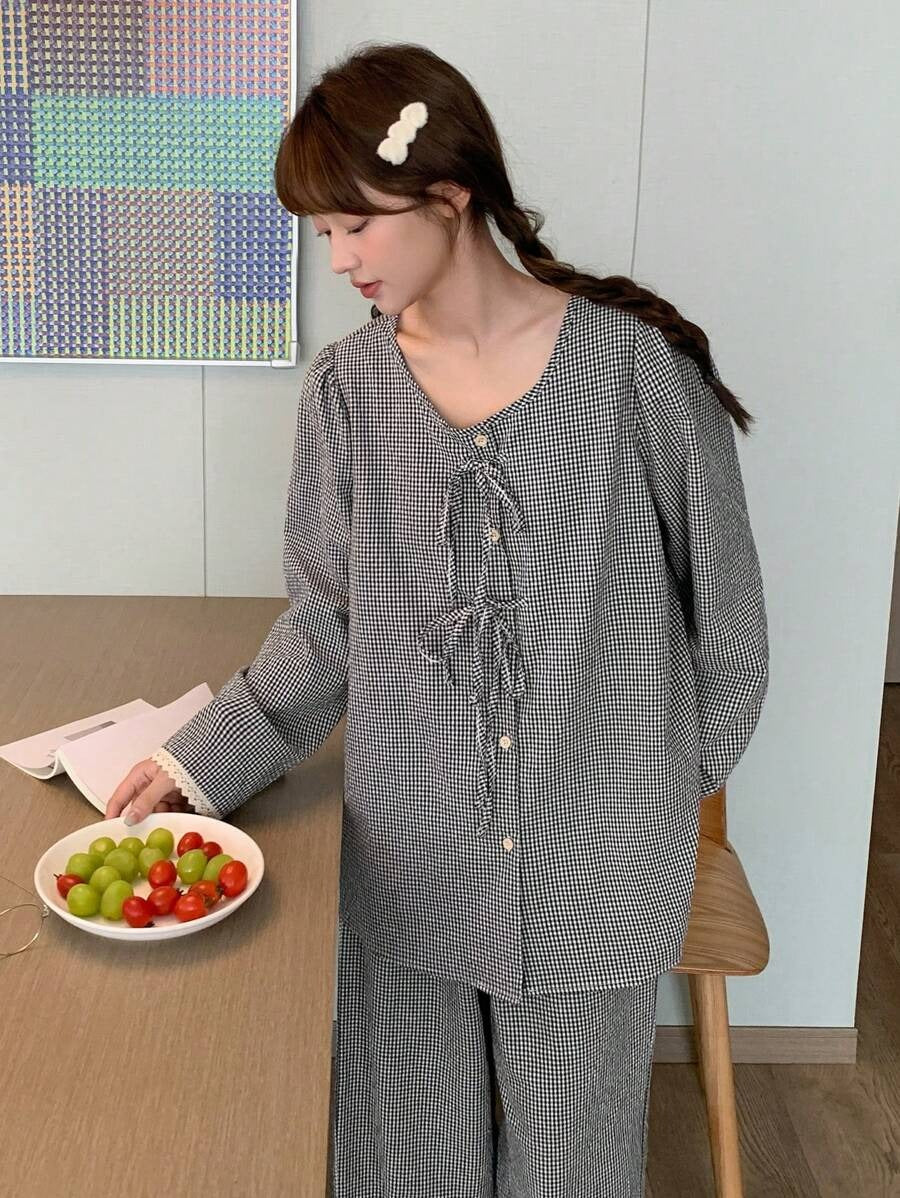 grey plaid pj set