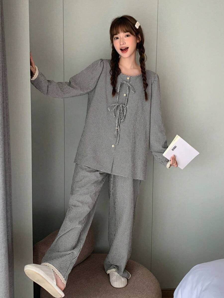 grey plaid pj set
