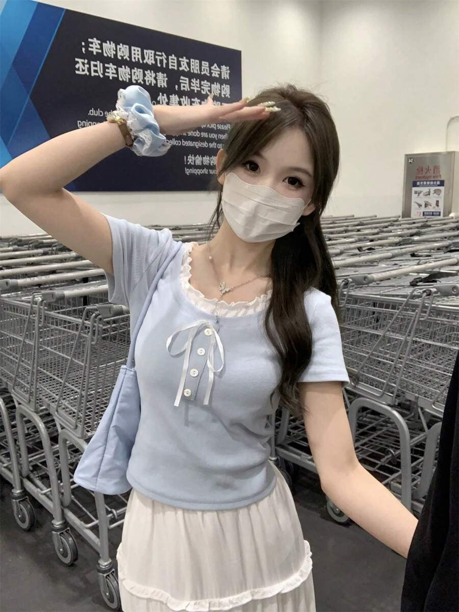 baby blue bowknot henley top