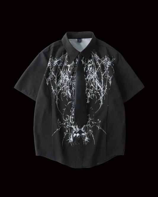 men goth abstract graphic short sleeve collar shirt black