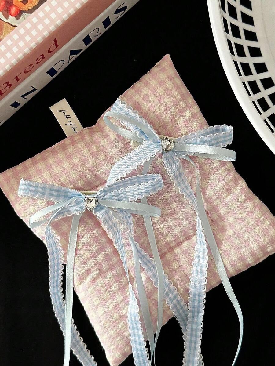 blue plaid ribbon hair clips