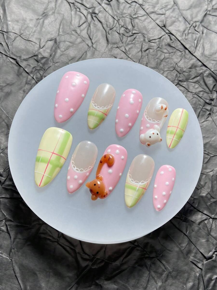 polka dot pastel cat nails
