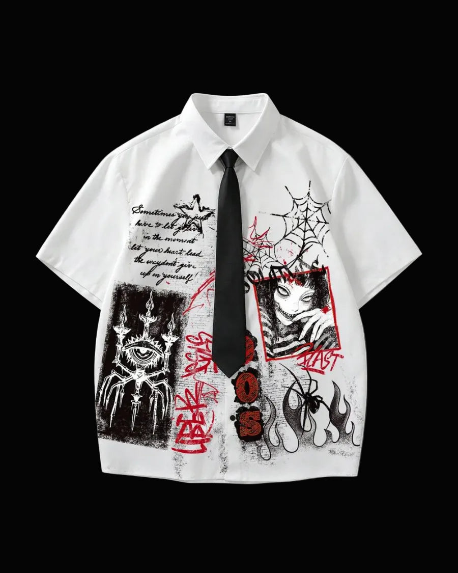 men spider web & figure graphic button up shirt
