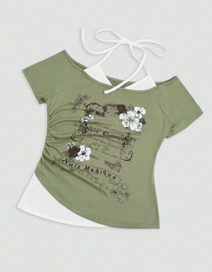 olive green graphic top