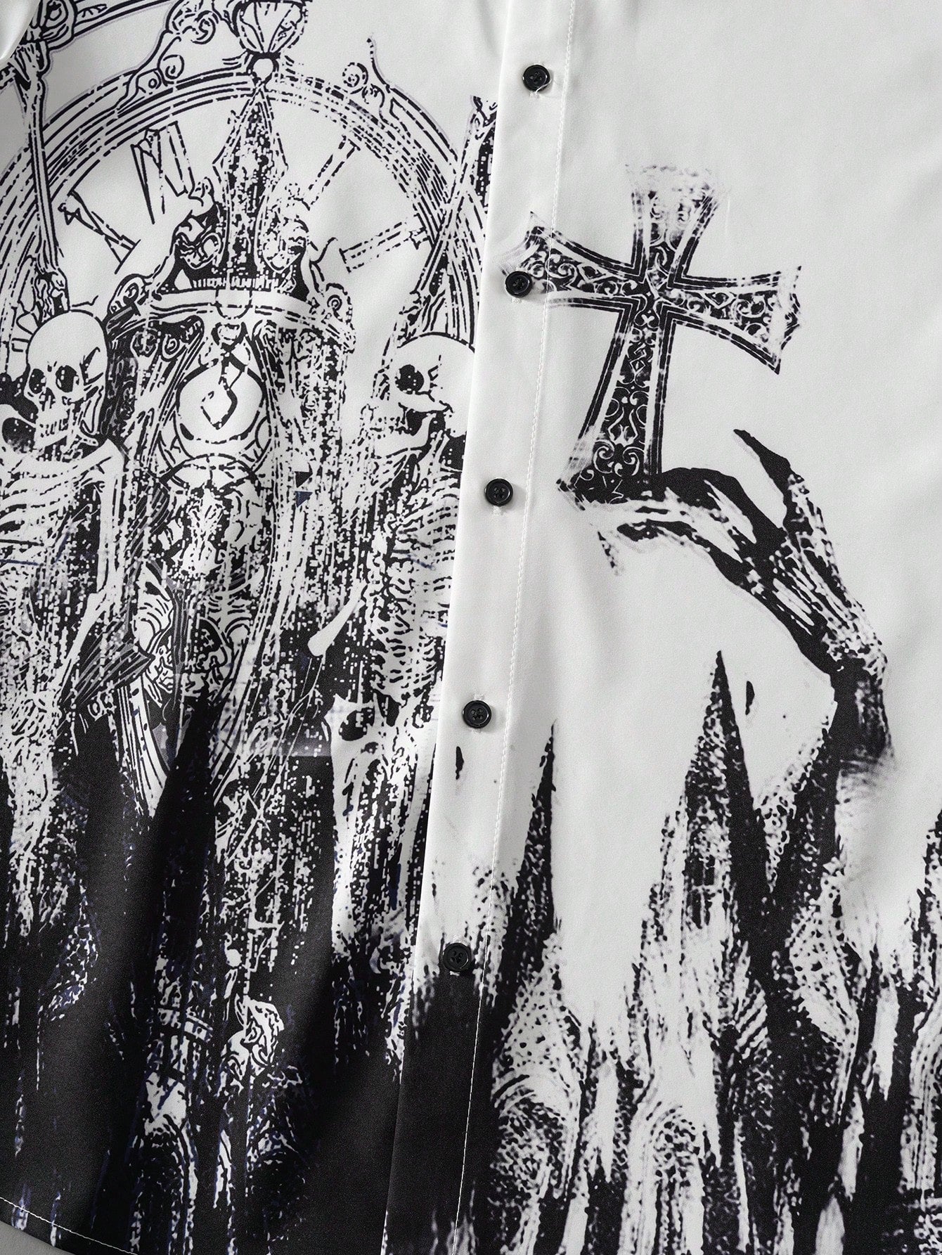 men gothic skeleton and clock print collared shirt