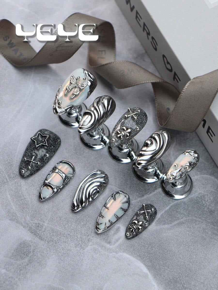 silver chrome 3d nails