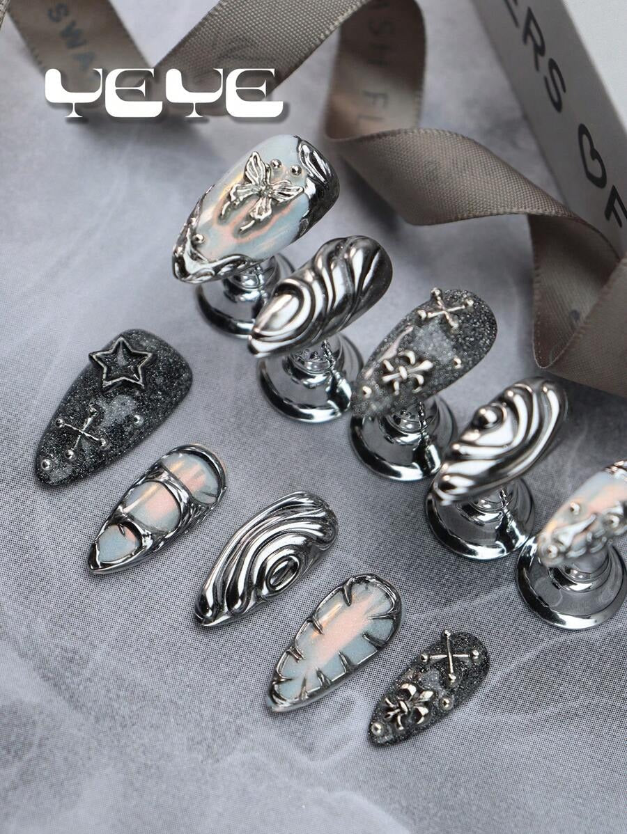 silver chrome 3d nails