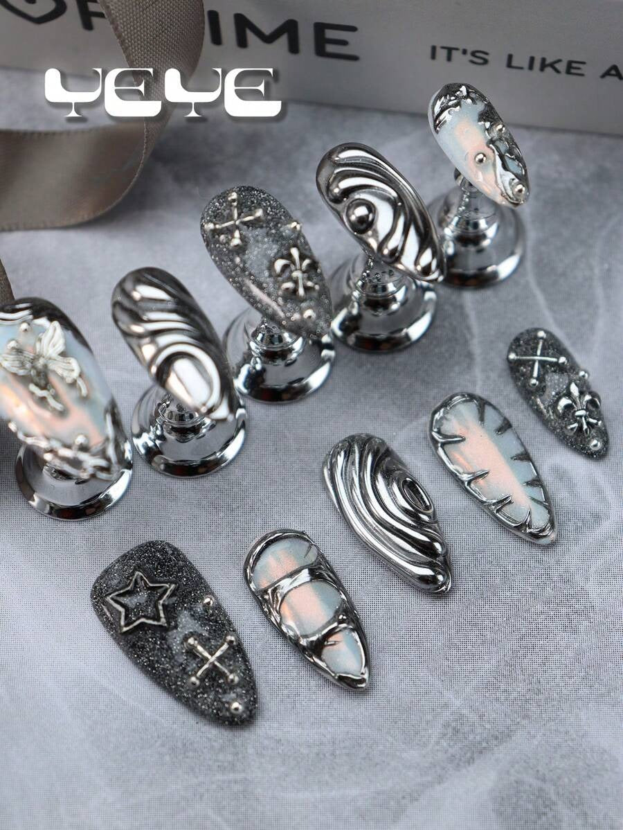 silver chrome 3d nails