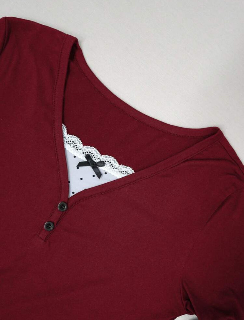 red long sleeve polka dot patcwork top