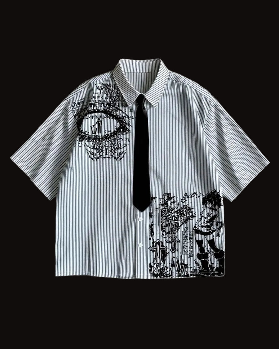 men japanese slogan and character print collared shirt