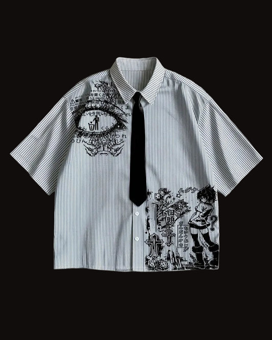 men japanese slogan and character print collared shirt