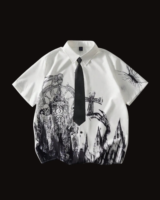 men gothic skeleton and clock print collared shirt