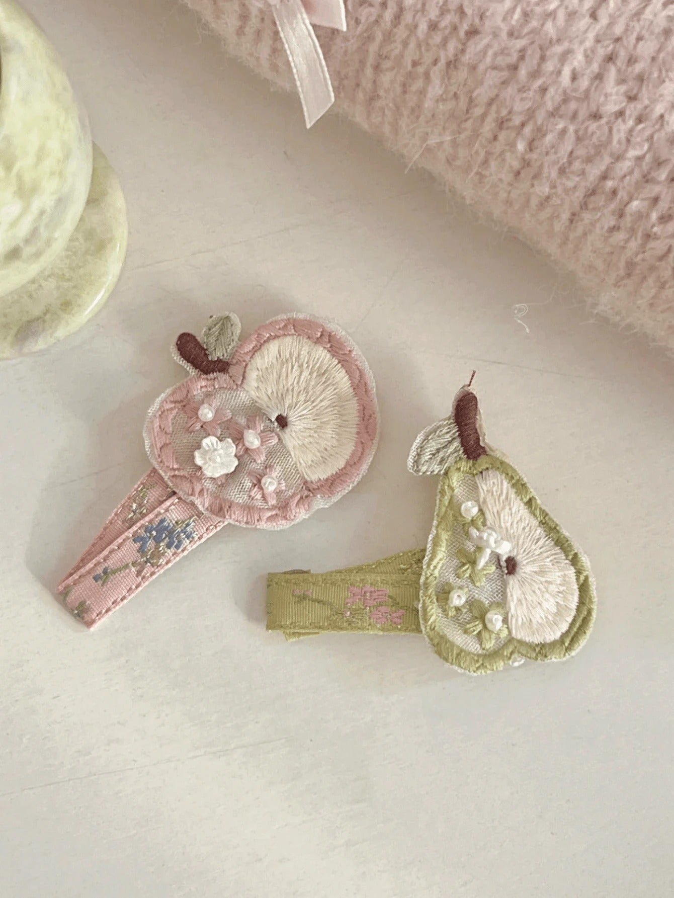 embroidered apple and pear pins