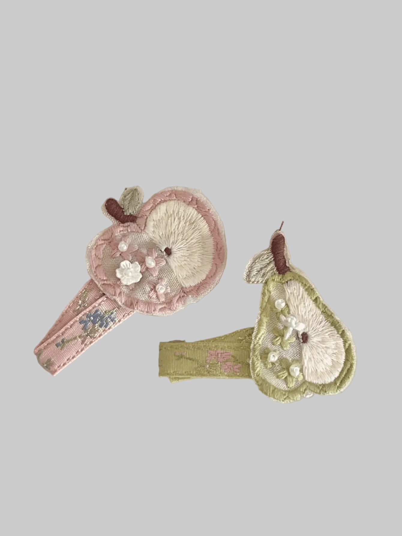 embroidered apple and pear pins
