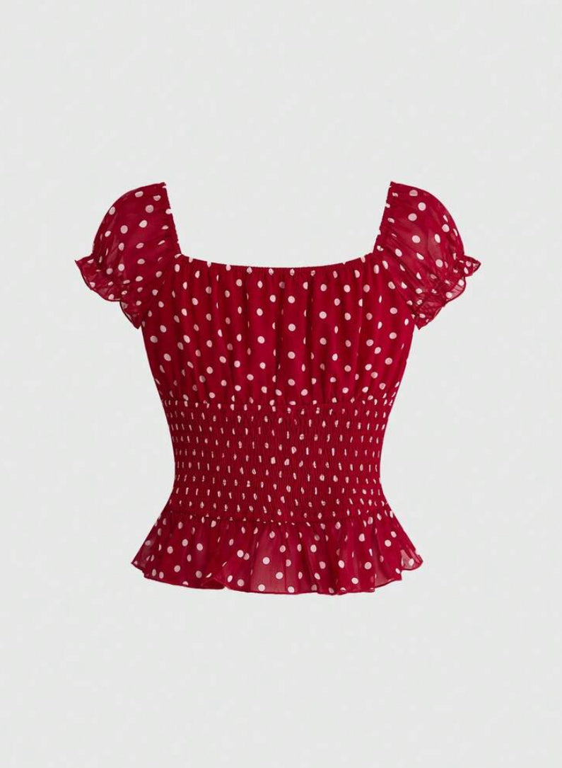 polka dot ruffle red top