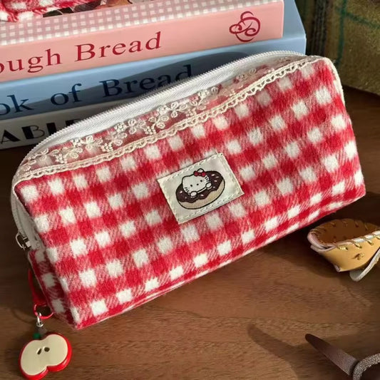 red plaid hello kitty pencil case