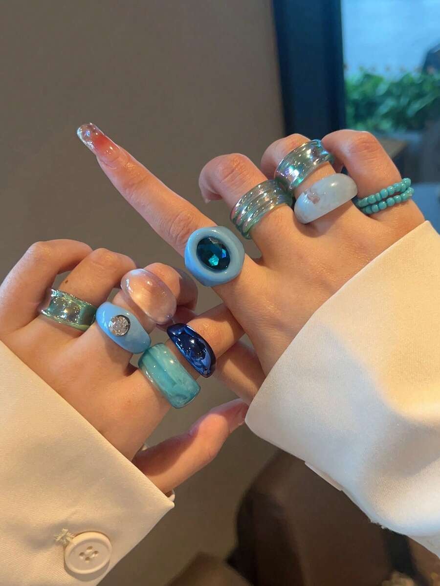 aquamarine rings set (11 pcs)