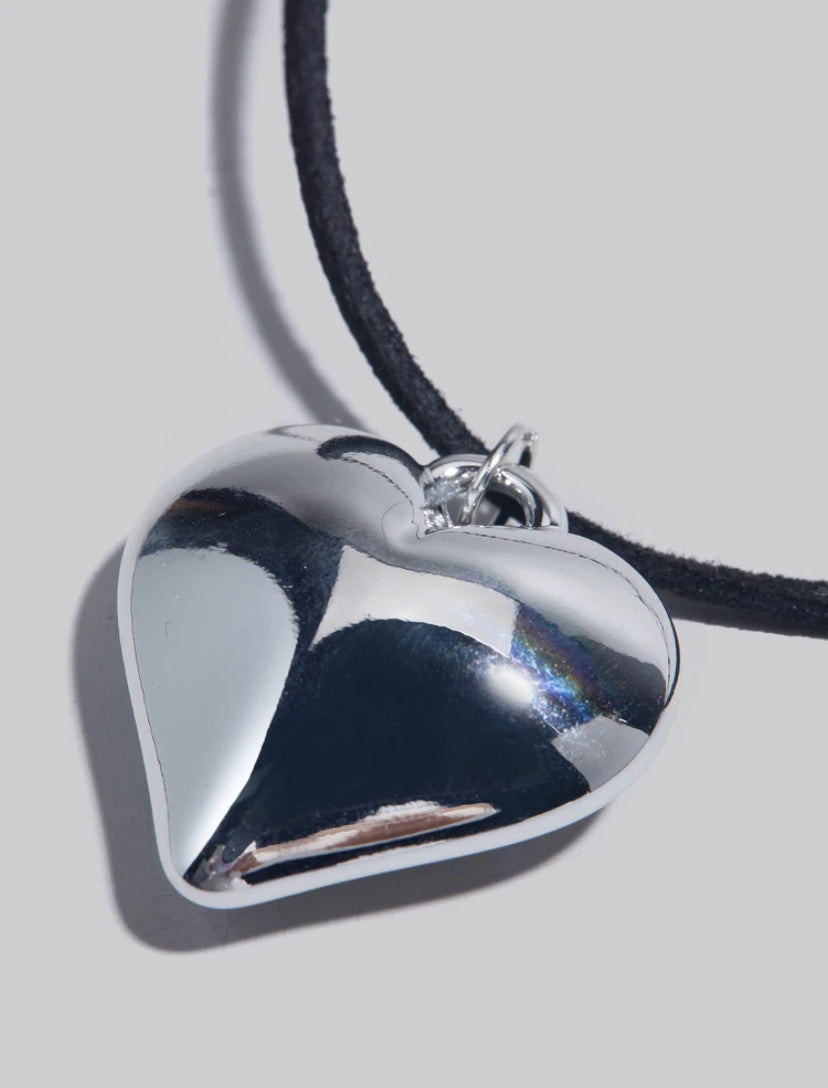 silver heart black cord choker