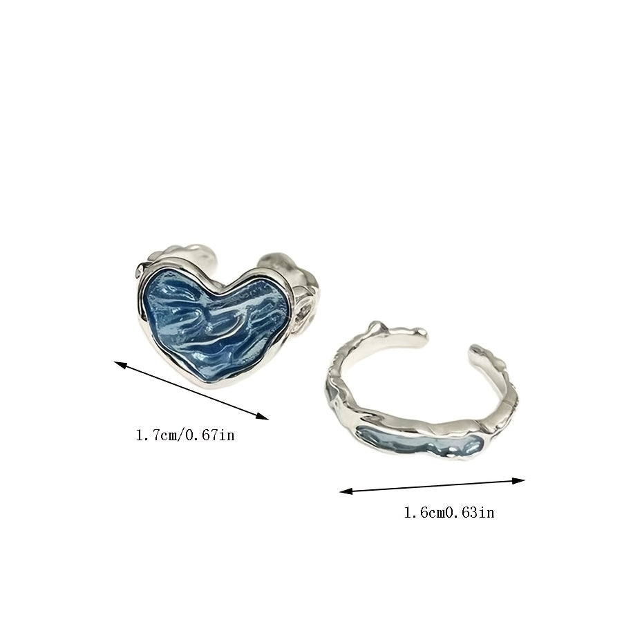 blue enamel heart ring set