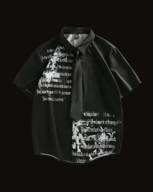 men gothic text graphic black button up shirt