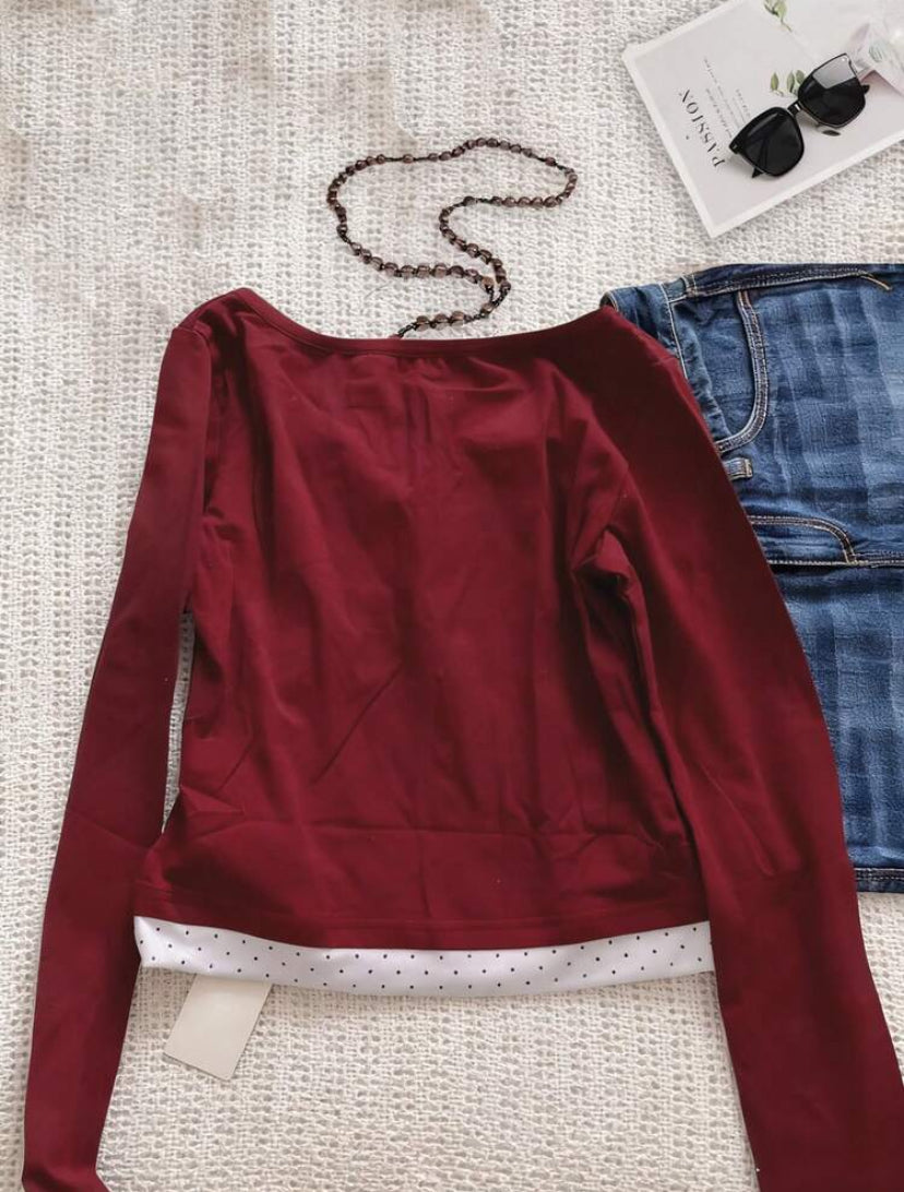 red long sleeve polka dot patcwork top