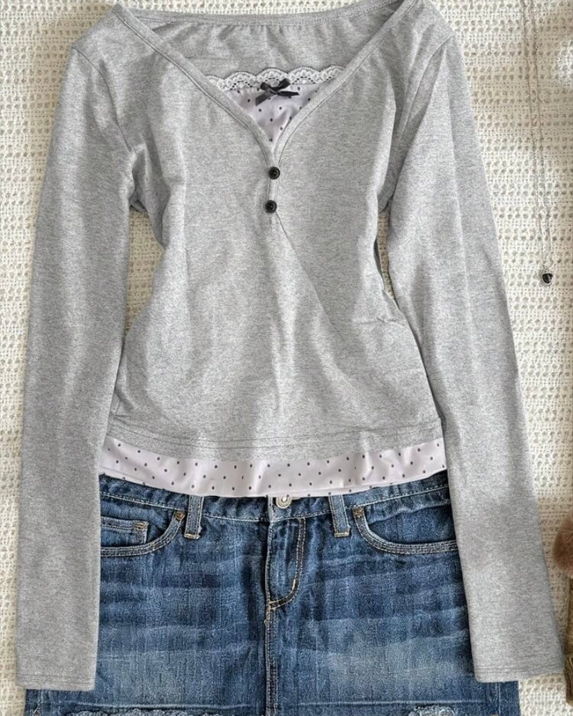 grey long sleeve polka dot patcwork top