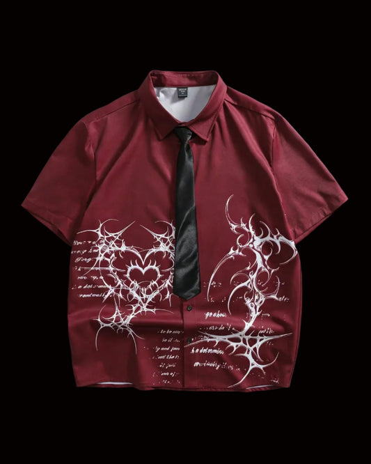 men tribal heart and slogan graphic red button up shirt