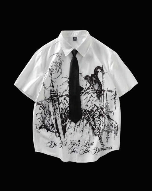 men grim reaper graphic short sleeve button up shirt