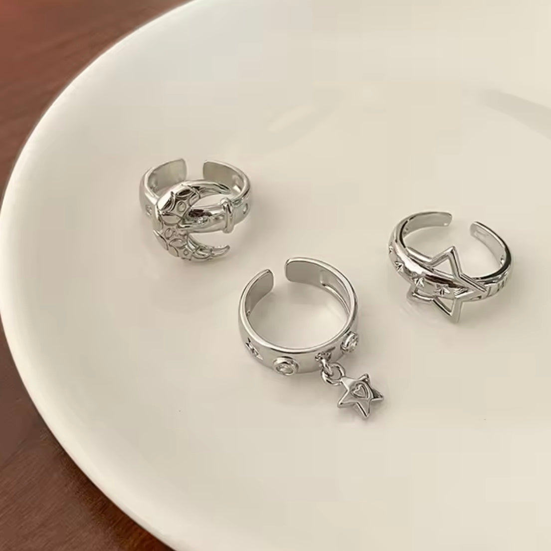 moon star silver rings set
