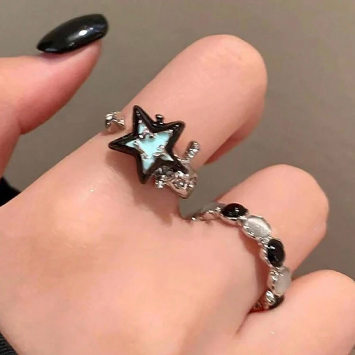 y2k blue and black star ring set