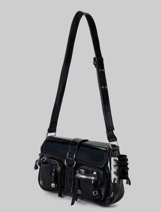 glossy black multi-pocket bag