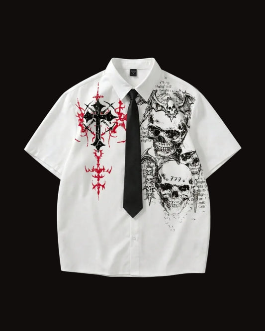 men goth skull print short sleeve collared shirt