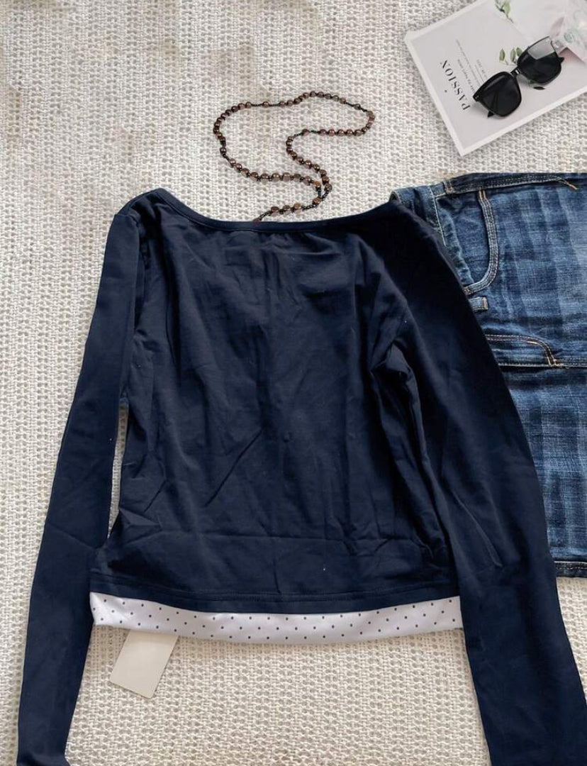 navy blue long sleeve polka dot patchwork top