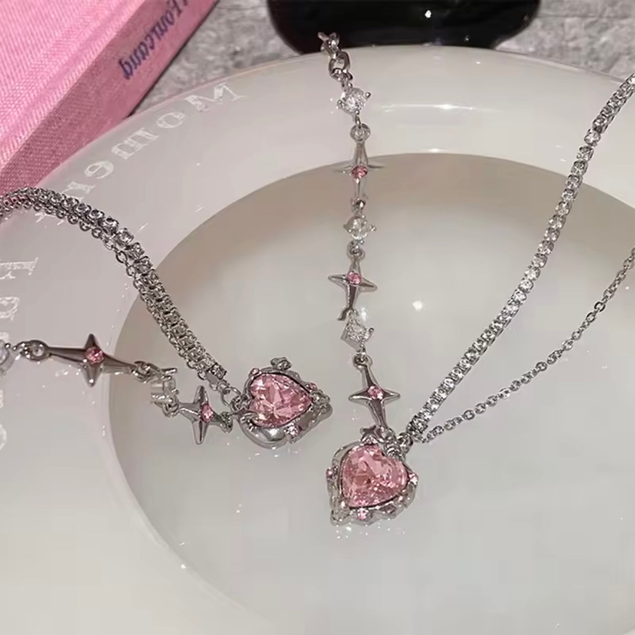 y2k black pink heart necklaces