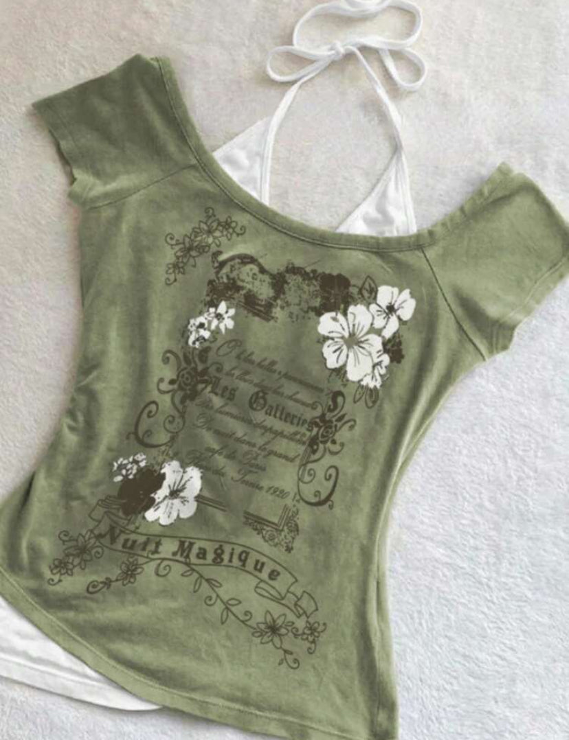 olive green graphic top