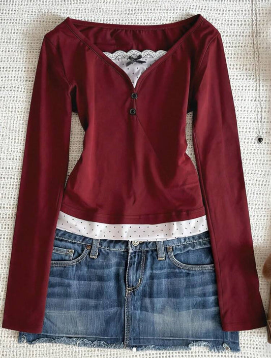 red long sleeve polka dot patcwork top