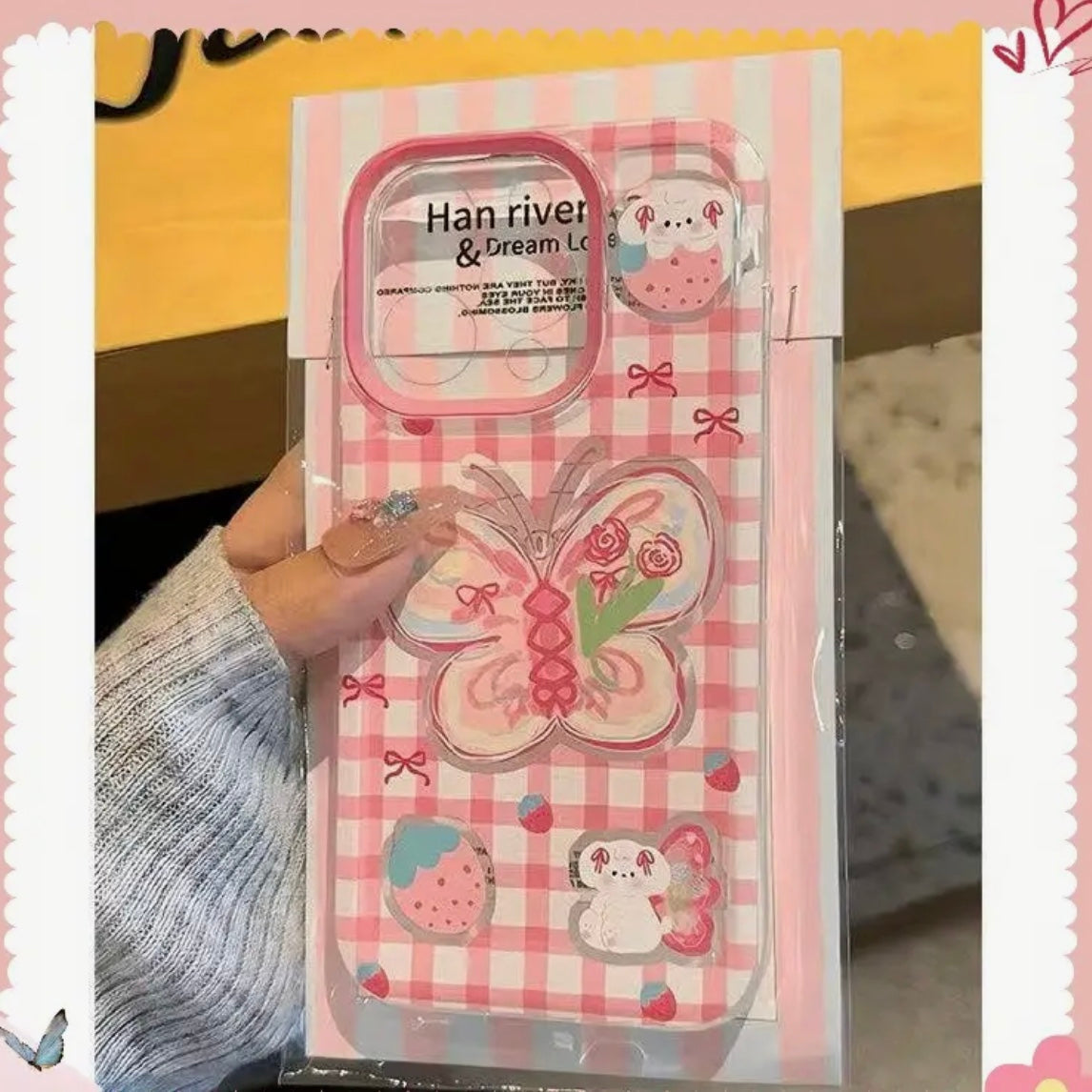 pink plaid butterfly phone case
