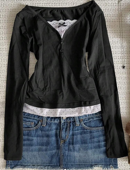 black long sleeve polka dot patcwork top
