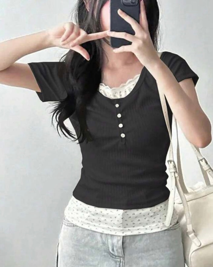 celestial lace patchwork tee