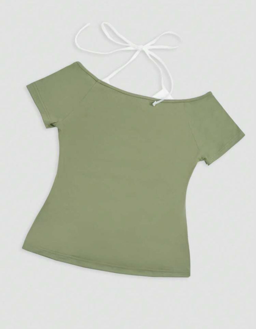 olive green graphic top