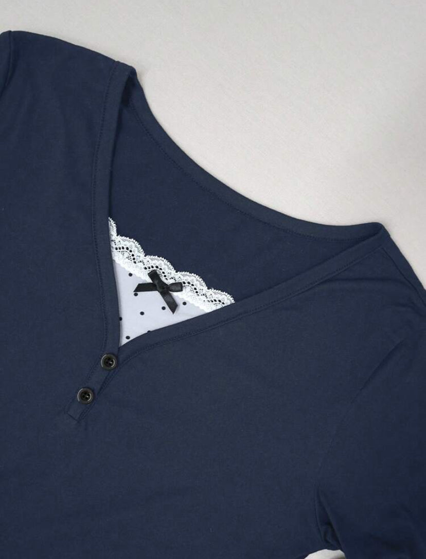 navy blue long sleeve polka dot patchwork top