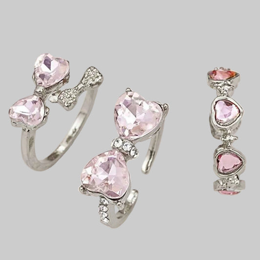 pink bow heart ring set