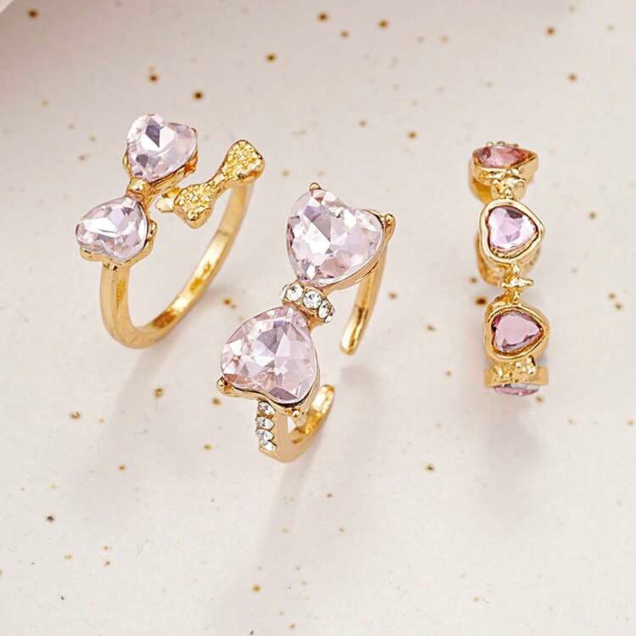 pink bow heart ring set