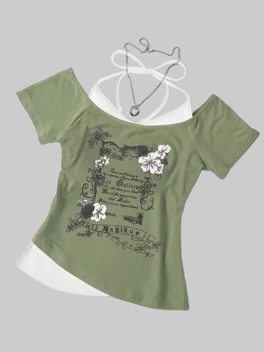 olive green graphic top